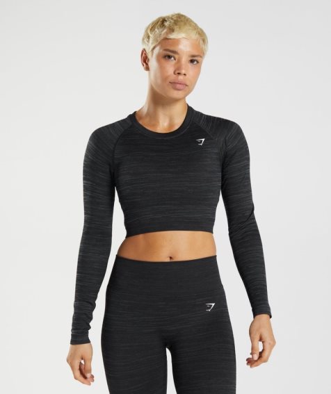 Women's Gymshark Adapt Marl Seamless Long Sleeve Cropped Tops Black | NZ 2ZXRQD